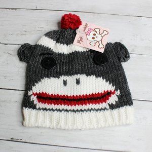 Baby Boy Girl Sock Monkey Winter Hat Infant One Size Gray Red White